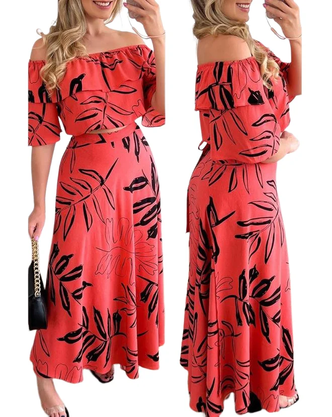 New Leisure Summer Outfits for Women 2023 Fashion Commuter Office Plants Print Off Shoulder Top+Skirt Two-Piece Dress Beachwear