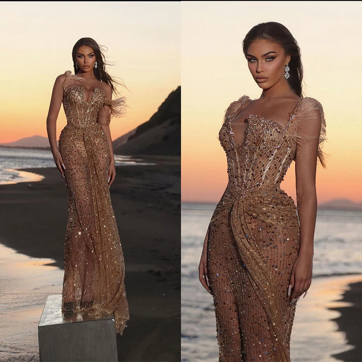 

Luxury Lllusion Evening Mermaid Dresses Feather Tassels Low-Cut V-Neck Special Occasion Dress Sequined Floor-Length Prom Gowns