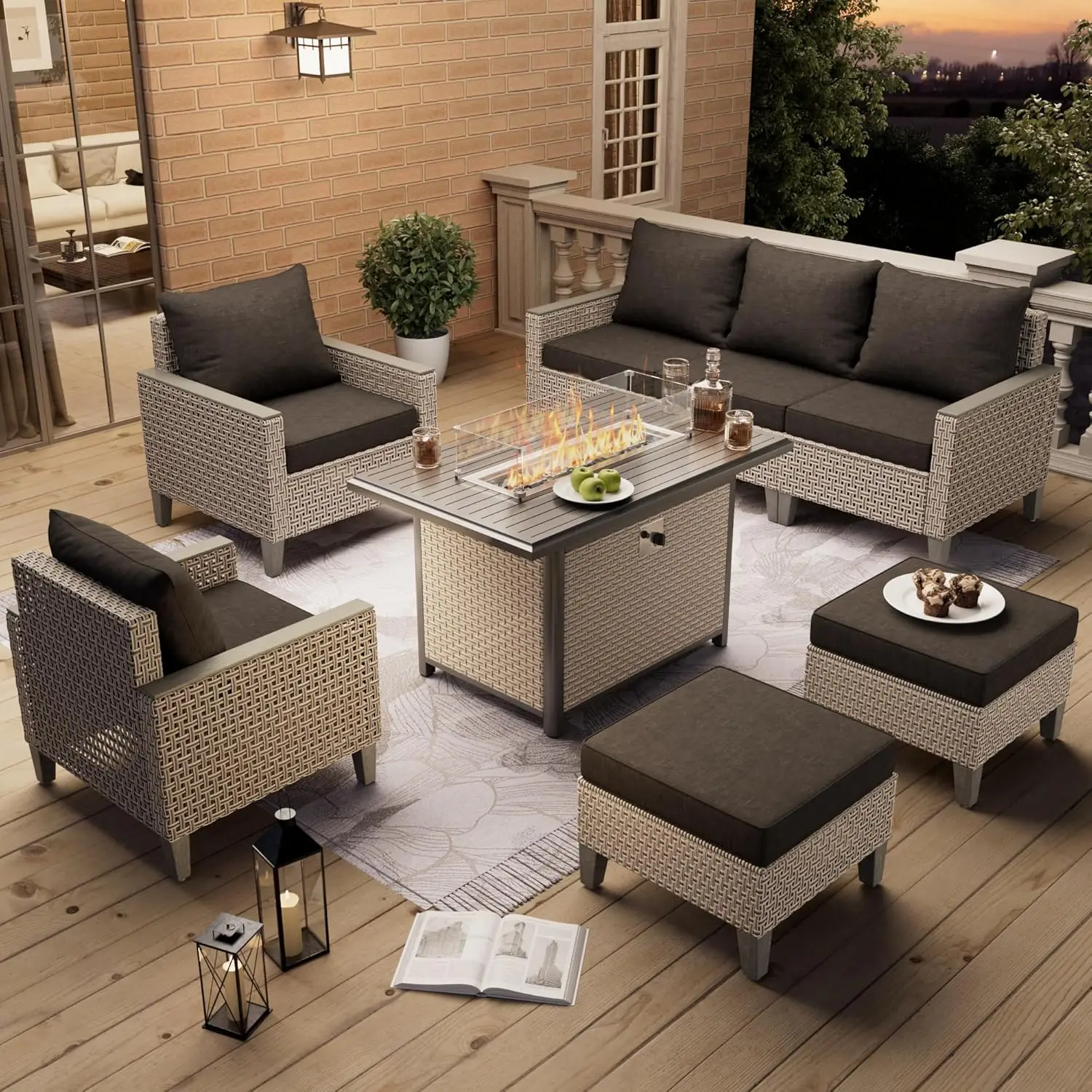 home depot patio chairs and table umbrella PHI VILLA 7pc Dining Set with Umbrella, Swivel Wicker the set features weather Patio Furniture Home Depot Picnic