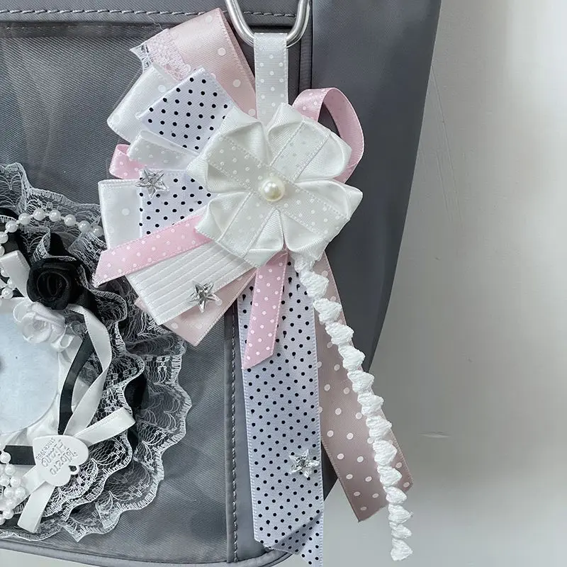 Handmade Polka Dot Bow Itabag Charm, Kawaii Ribbon Flower Bag Pendant, Lolita Decor Accessory