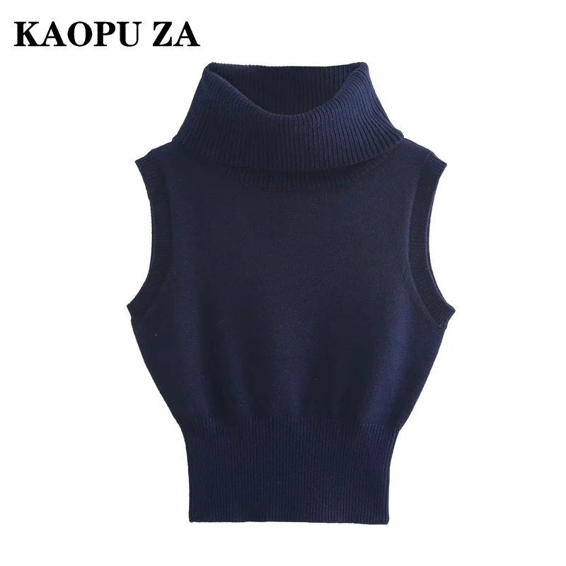 KAOPU ZA 2024 New Autumn Woman's Casual Solid Color Sleeveless Turtleneck Collar Sweater Top Women Clothing Fashion Knit Gilet