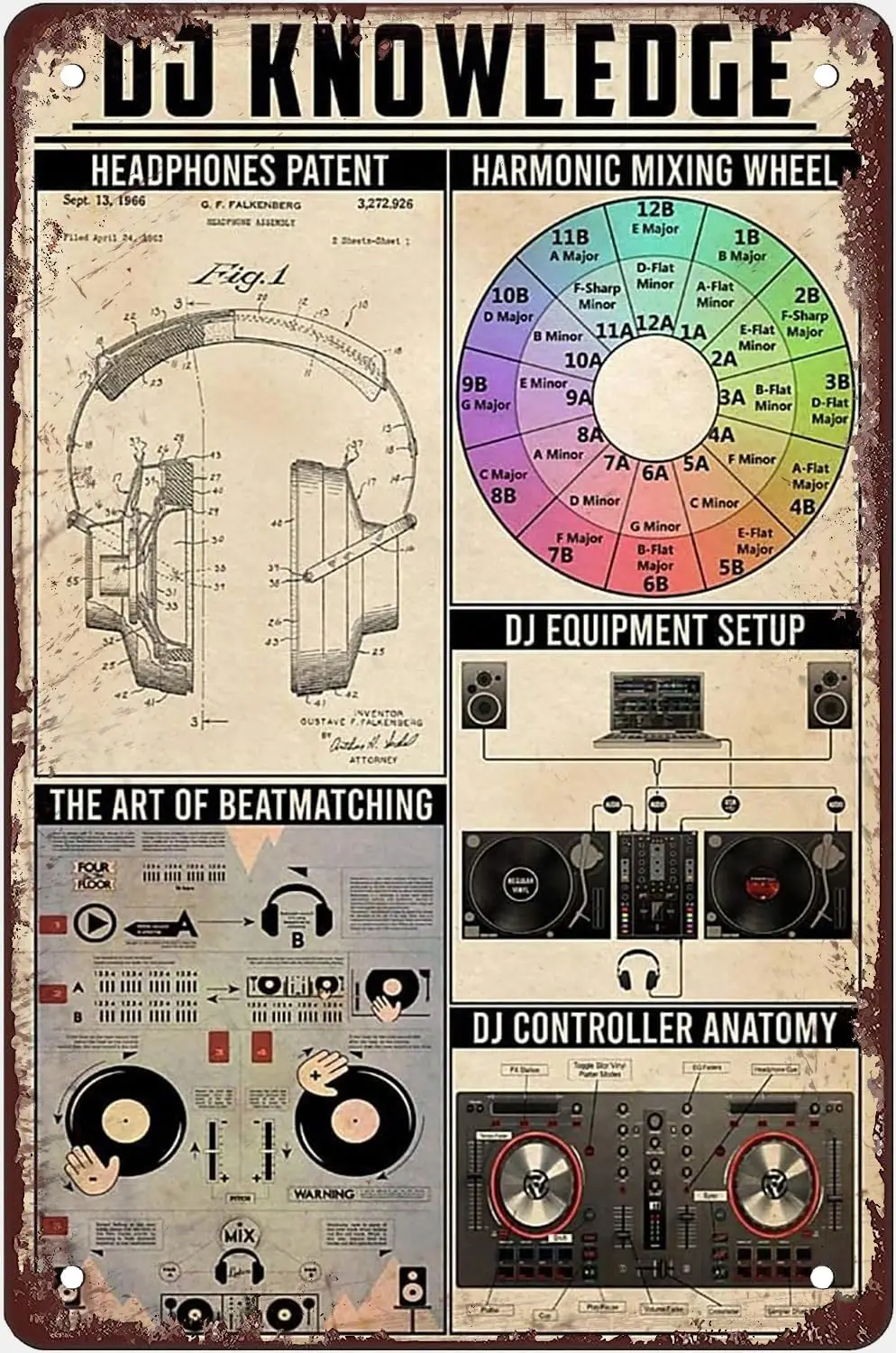 

Dj Knowledge Headphones Patent Harmonic Mixing Wheel Poster Vintage Metal Tin Signs Iron Painting Plaque Club Room Bedroom Room