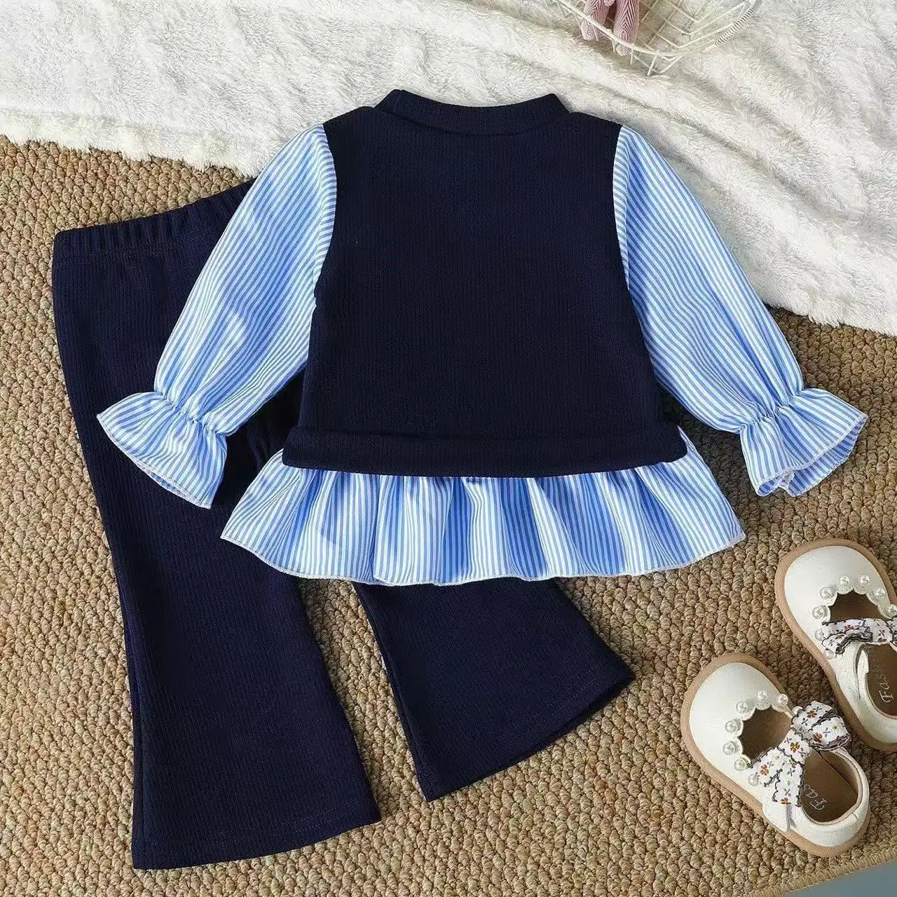 New Autumn Girls 2Pcs Outfit 3D Floral Sweatshirt with Striped Ruffle Hem Top Flower Embroidered Pant Kids Outfits