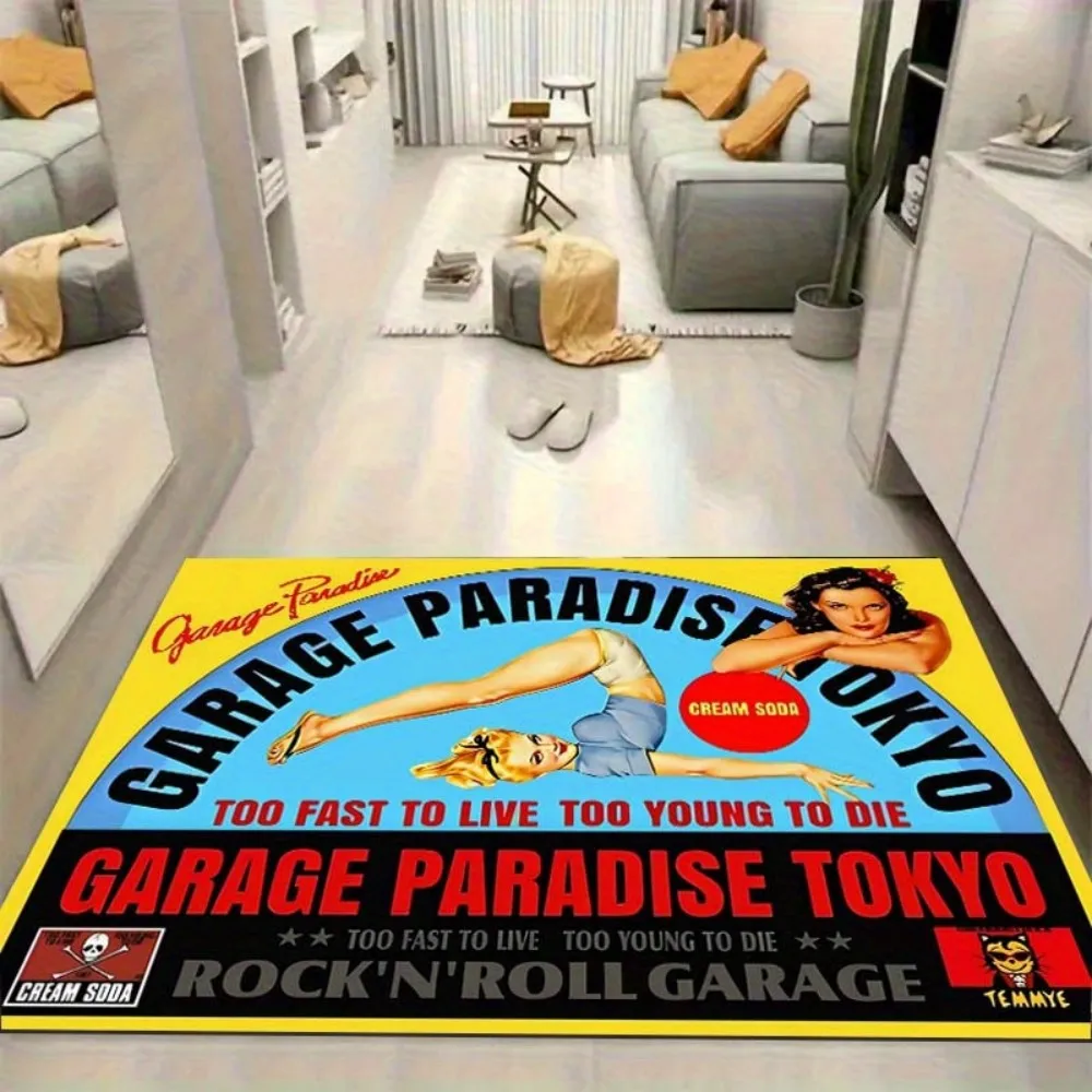 VIKAMA Beautiful Cream Soda Tokyo Rock Garage Heaven Rug Living Room Bedroom Mat Non-Slip Stain-Resistant Carpet Home Decor