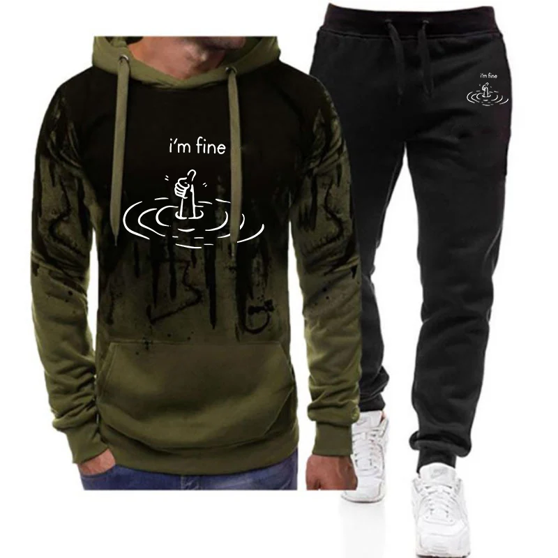 2025 Spring And Autumn T'm Fine Print Men's New Gradient Color Drawstring Hoodie + Casual Sweatpant Harajuku Suit