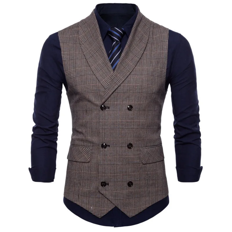 #4823 Spring 2023 Vintage Formal Vests For Men Slim Elegant Plaid Men\'s Vest Waistcoat Double Breasted Suits Vest Plus Size 4XL