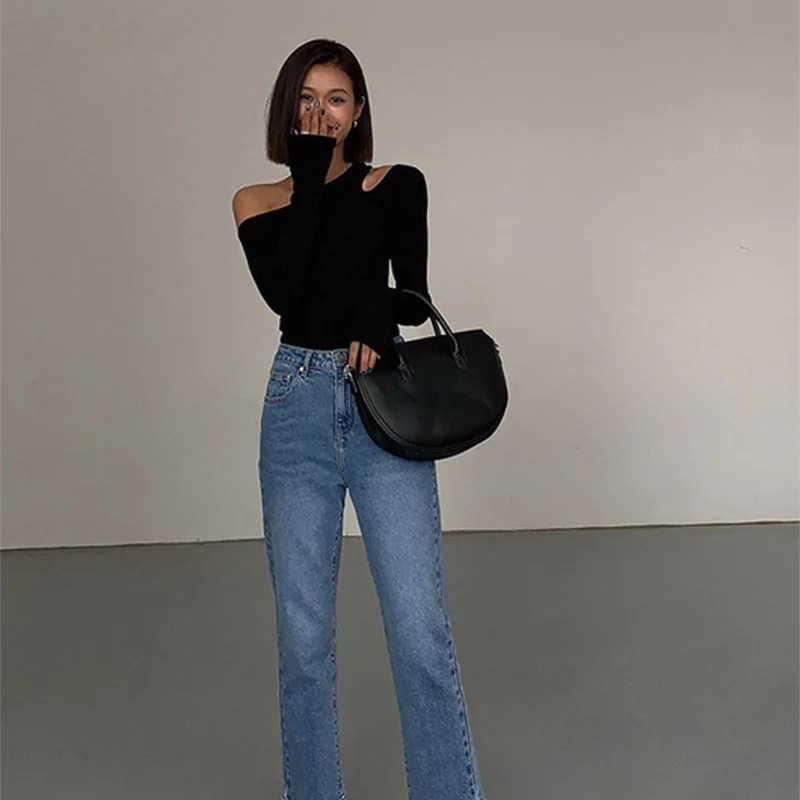 Fashion Skew Collar Off-shoulder Long-sleeved T-shirts Women Spring 2024 New Solid Slim Fit Crop Top Sexy Hollow Out Tees Shirts image 6