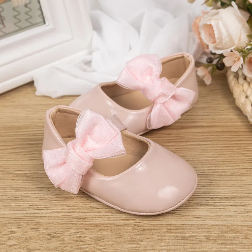 Newborn Baby Non-slip PU Walking Shoes Rubber Soft Bottom Baby Shoes Fashion British Hundred Bow Breathable Princess Shoes