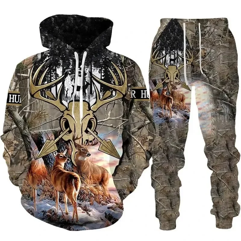 Conjunto de moletons e calças masculinas, moletom Deer Hunting, agasalho estampado em 3D, pulôver oversize, roupas casuais, moda, 2 peças