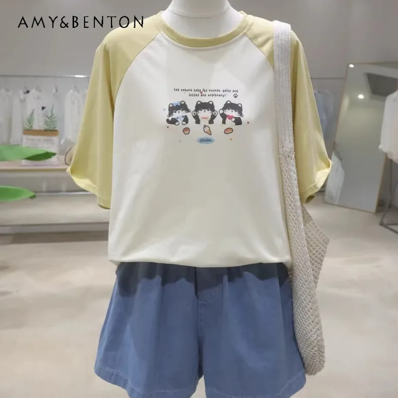 

Women's Y2k Tees Contrasting Color Shoulder Sleeves Cartoon Print Top Summer Loose Thin Versatile Cotton Short-sleeved T-shirt