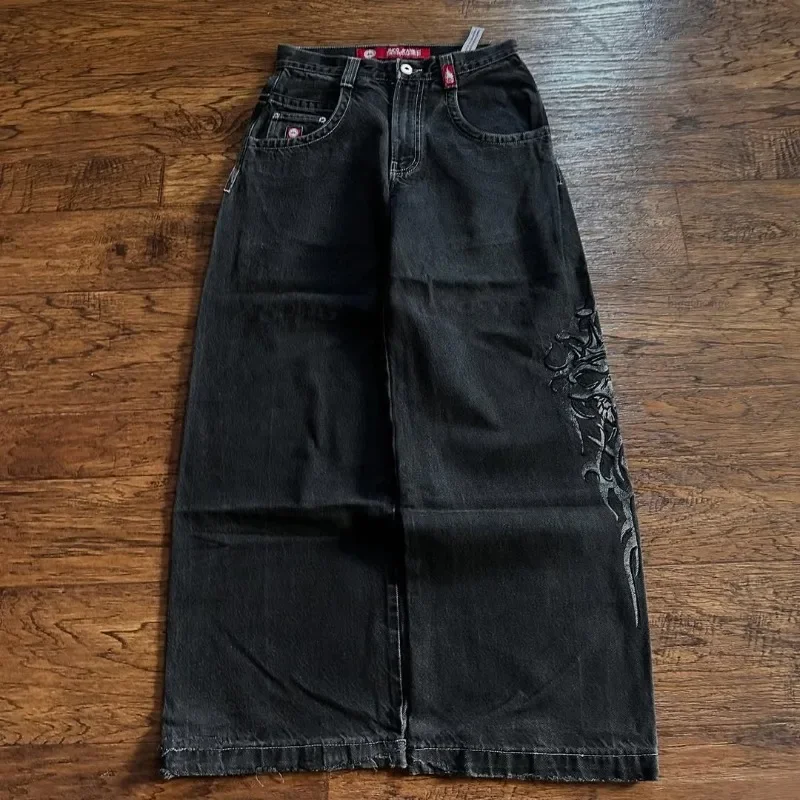 ملابس شارع هاراجوكو داكنة بانك تصميم شوكة بيضاء سراويل مستقيمة فضفاضة على الموضة الأمريكية جينز كبير الحجم للجنسين