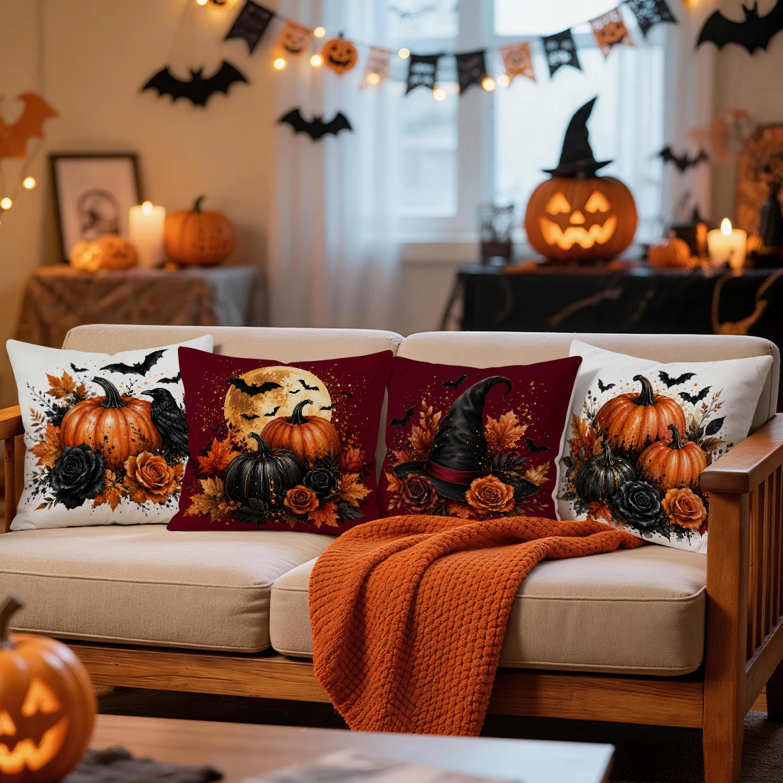 Halloween Pumpkin Bat Pillowcase Printed Polyester 40/45/50cm Throw Pillowcover Decorative Sofa Cushion Pillowslip Home Decor