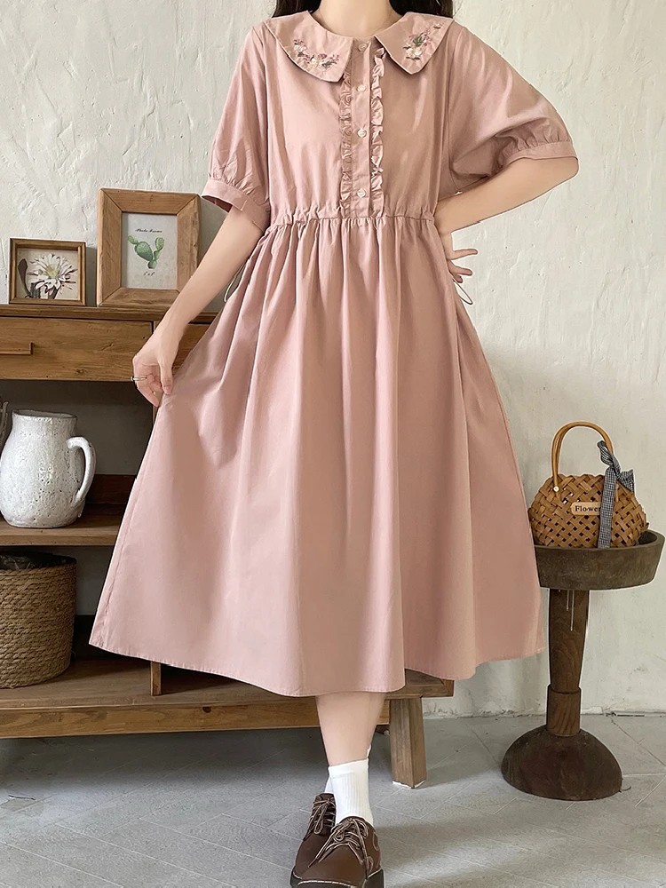 Sweet Kawaii Preppy Style Lolita Women Dress Elegant Summer Embroidery Waist Short Sleeve Ruffles Princess Dresses Female 2023