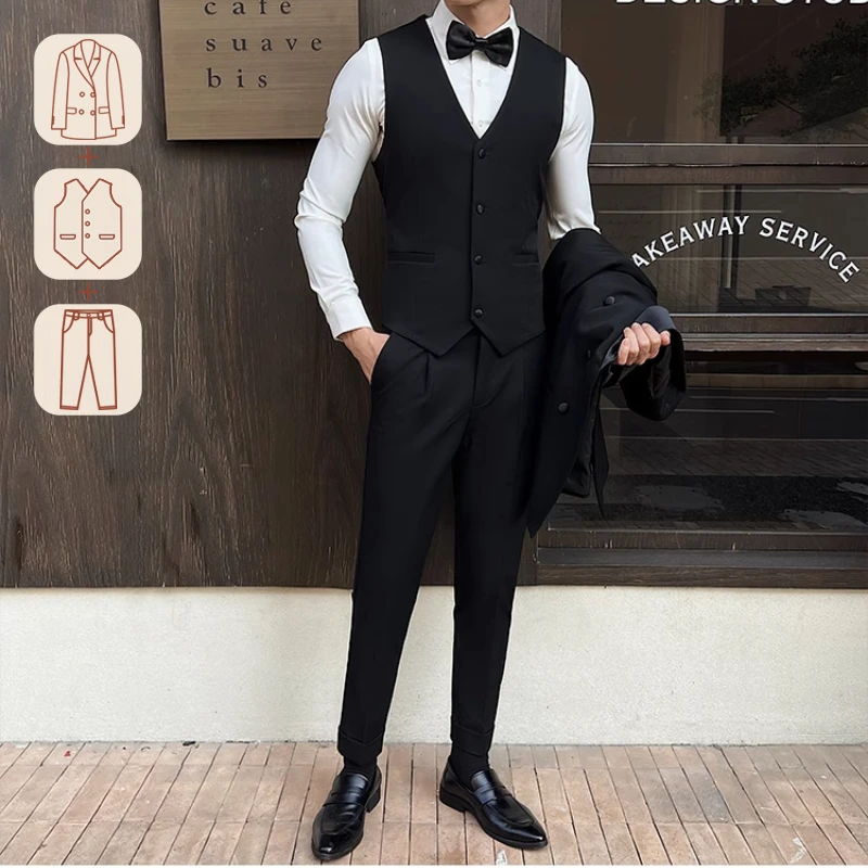 Man Elegant Black Double-Breasted Suit with Vest: Perfect for Formal Events and Sophisticated Occasions M-XL7