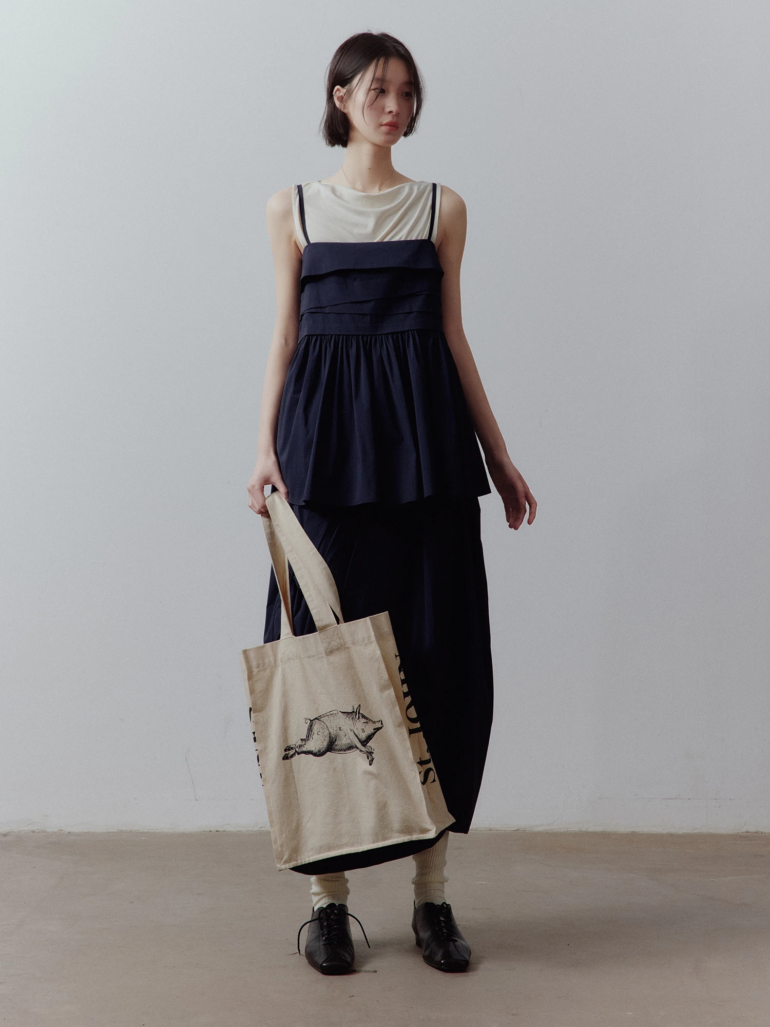 FUSSED Philosophical Heavyweight Layered Accordion Prussian Blue Halter Top Women's Original Design Drawstring Zipper Loose Fit