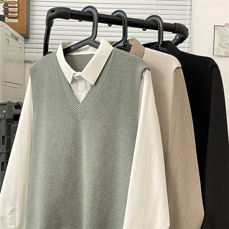 

Knitted Casual Men's irt Vest Patchwork Couple's Sle Loose Fit Long Sve Autumn Faion Youth Trend Square Collar Top