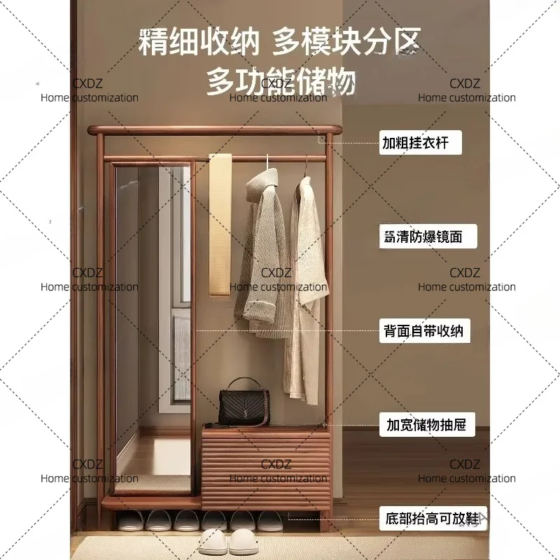 XXSolid wood full-length mirror hanging hanger integrated floor-to-ceiling bedroom simple coat rack full-body fitting mirror