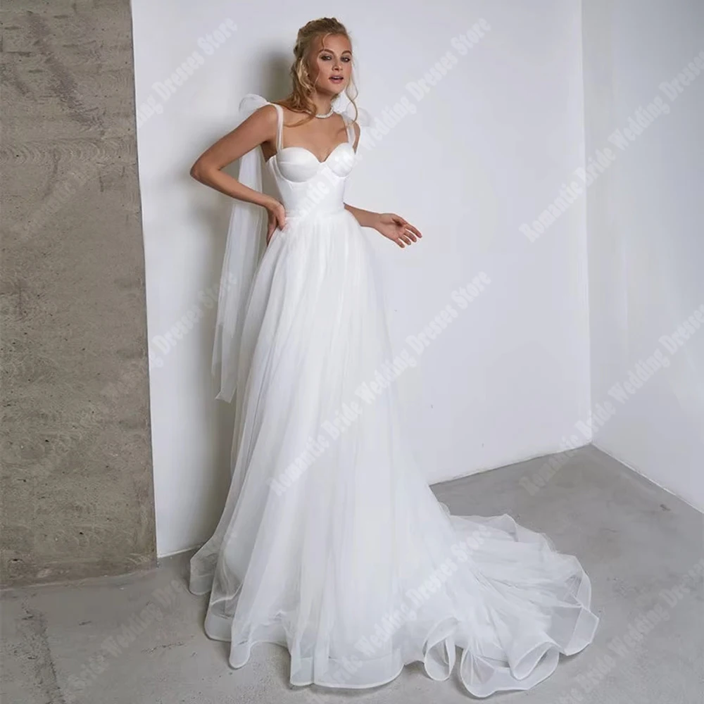 

Sweetheart Collar Women Wedding Dresses Bright Tulle A-Line Bridal Gowns Mopping Length Sleeveless Vestidos De Novias Customized