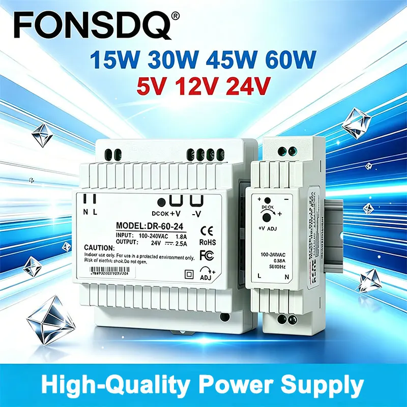 15W 30W 45W 60W Industrial Din Rail Switching Power Supply Input 100-240V 5V 12V 15V 24V 48V Light Transformer