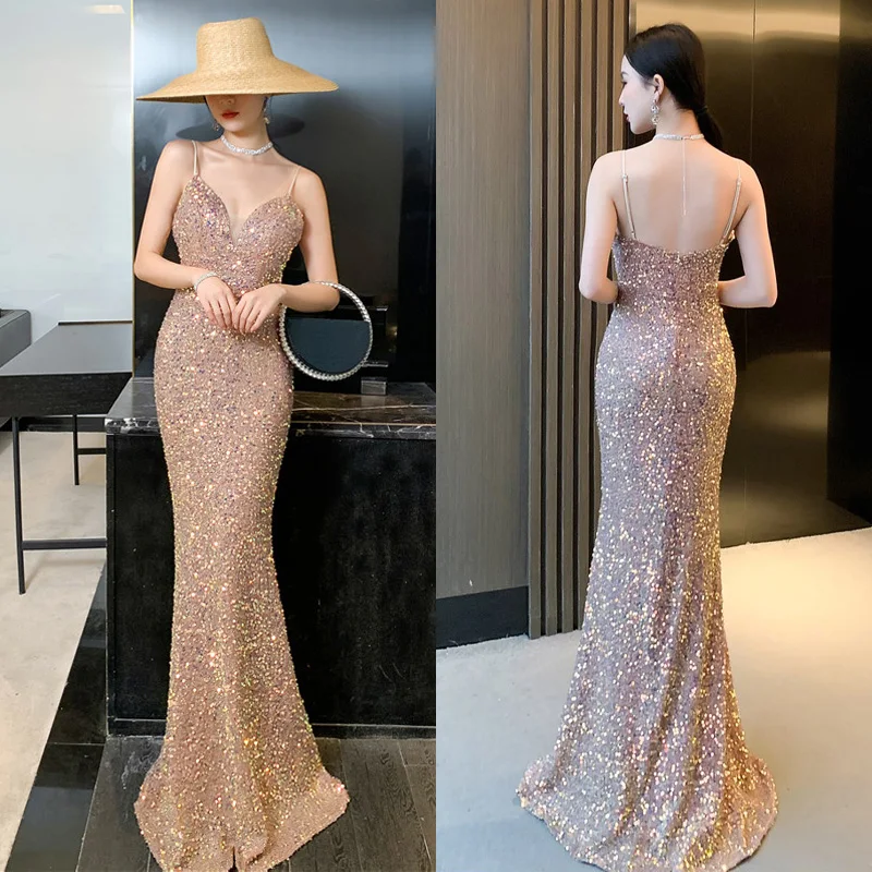 

It's Yiiya Champagne Sequins Deep V-Neck Zipper Back Floor-Length Sleeveless Mermaid New Formal Dress Dress Woman Party A2882