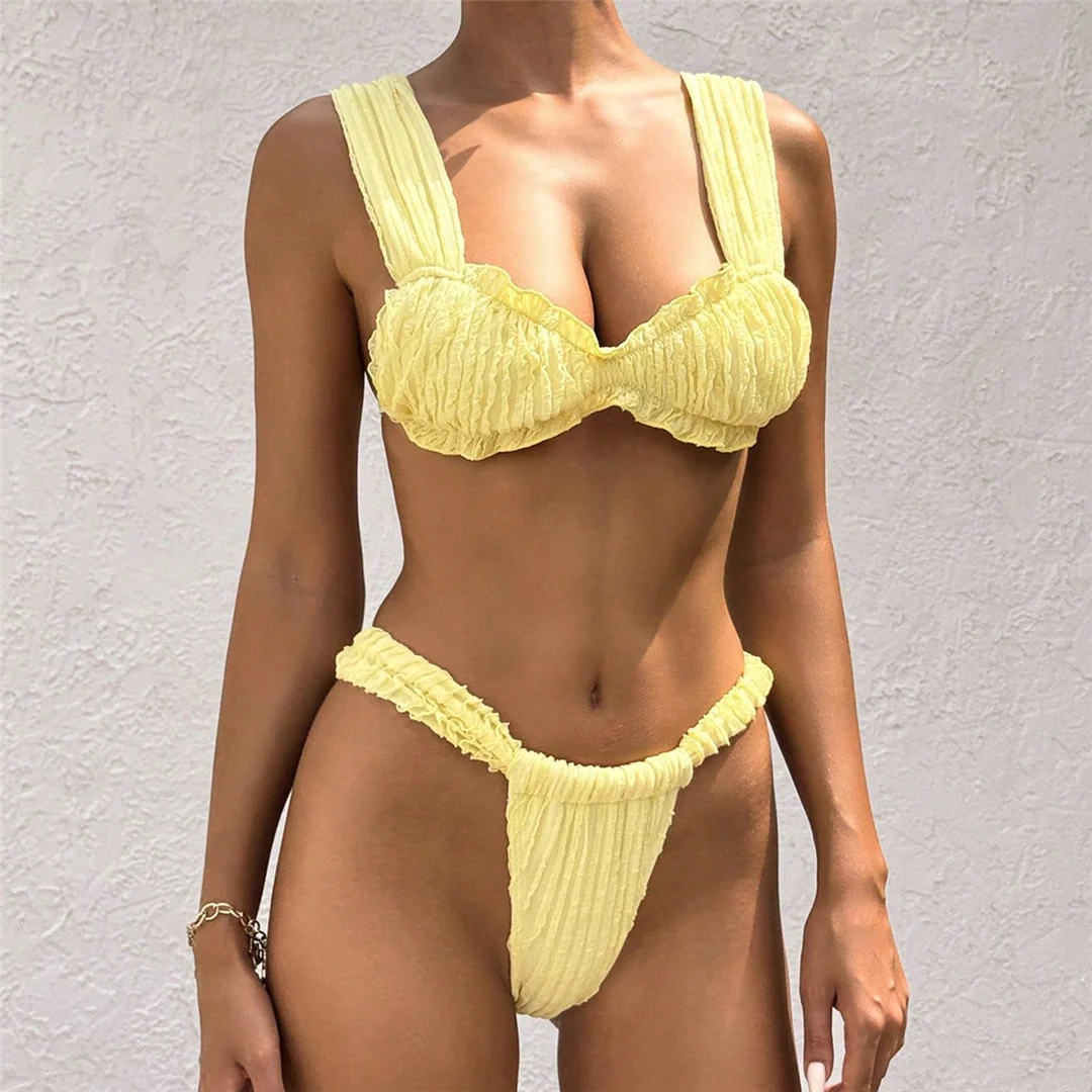 S - XL, geraffter, hoch geschnittener Bikini mit Rüschen, Damen-Badeanzug, zweiteiliges Bikini-Set, Damen-Badebekleidung, Badeanzug, Badebekleidung, Schwimmkleidung V6950 – Detail 4