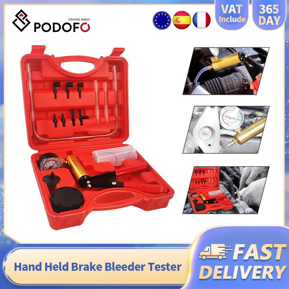 Kit de pompe à vide Podofo pour le drainage et le test de l'huile de frein des véhicules, testeur de purge de frein manuel avec jauge de pompe à vide