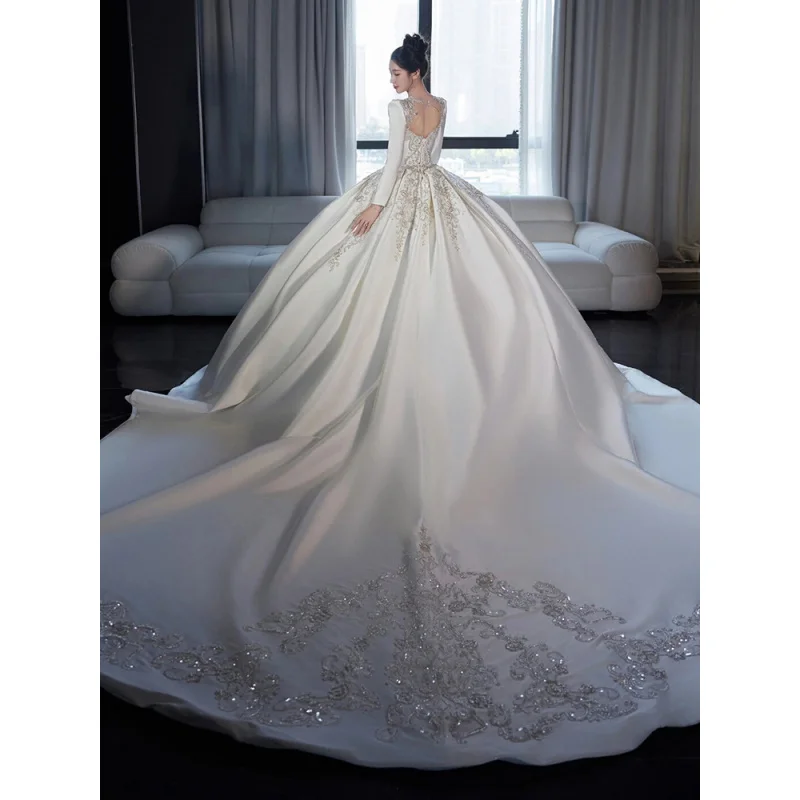 Wedding dress long sleeve satin lace bridal long maxi dresses high-end plus size vintage gown h2993