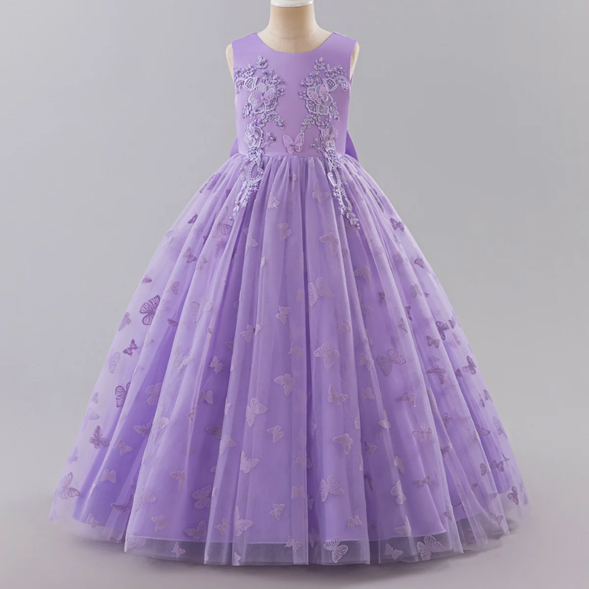 فستان الأميرة الشبكي الجديد للفتيات ذو الفراشة الطويلة بلون سادة بدون أكمام، فستان سهرة لأداء البيانو لفتاة الزهور