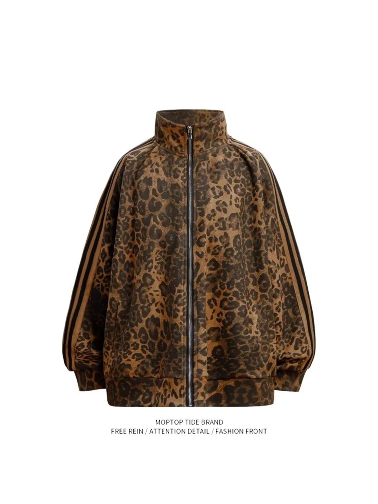 

Ретро американский дизайн с леопардовым принтом в полоску на молнии джет свободное спортивное замшевое пальто для пар мужское повседневное весенне-осеннее