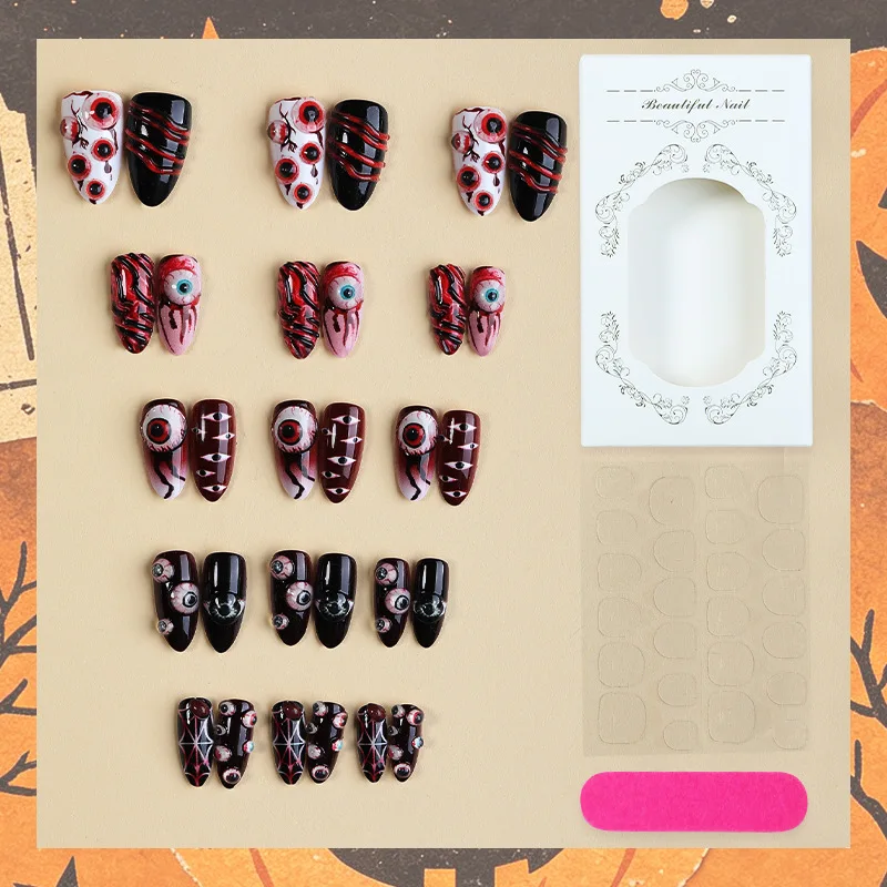 24pcs Extra Long Stiletto Press On Nails Halloween Horror 3D Eyeball Blood Drip Spider Web Fake Nail Gothic Scary False Nail