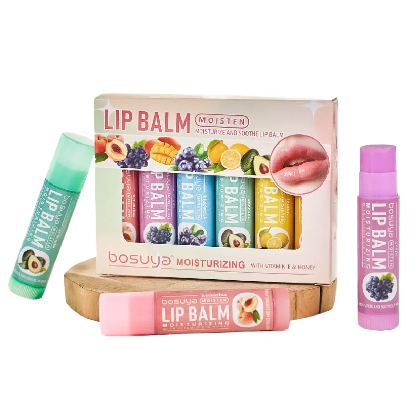 6 Pieces Set Fruit Hydrating Lip Balm Grape Lemon Peach Moisturizing Anti-Dry Crack Peel Lip Care Grape Suitable for Men & Women