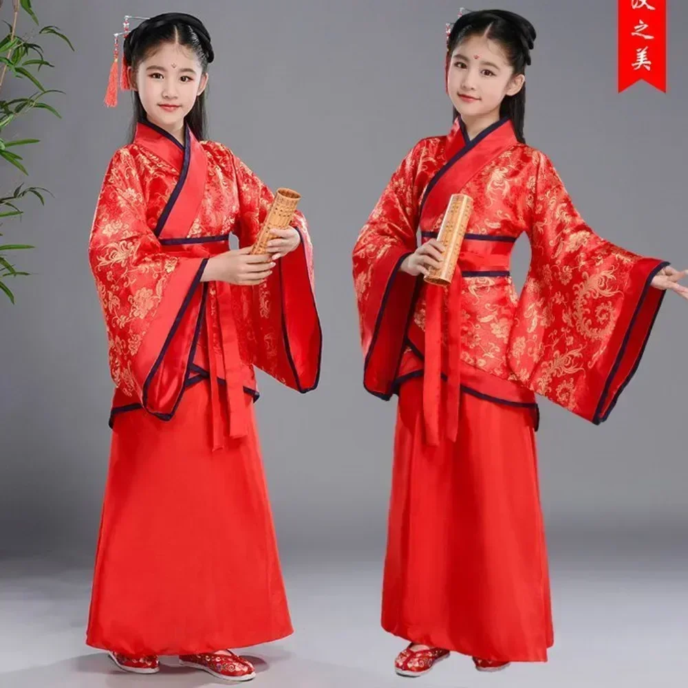 

2026 Halloween chinese Folk Dance new year clothes traditional hanfu for girls kids dragon dress ancient Stage Carnival costume