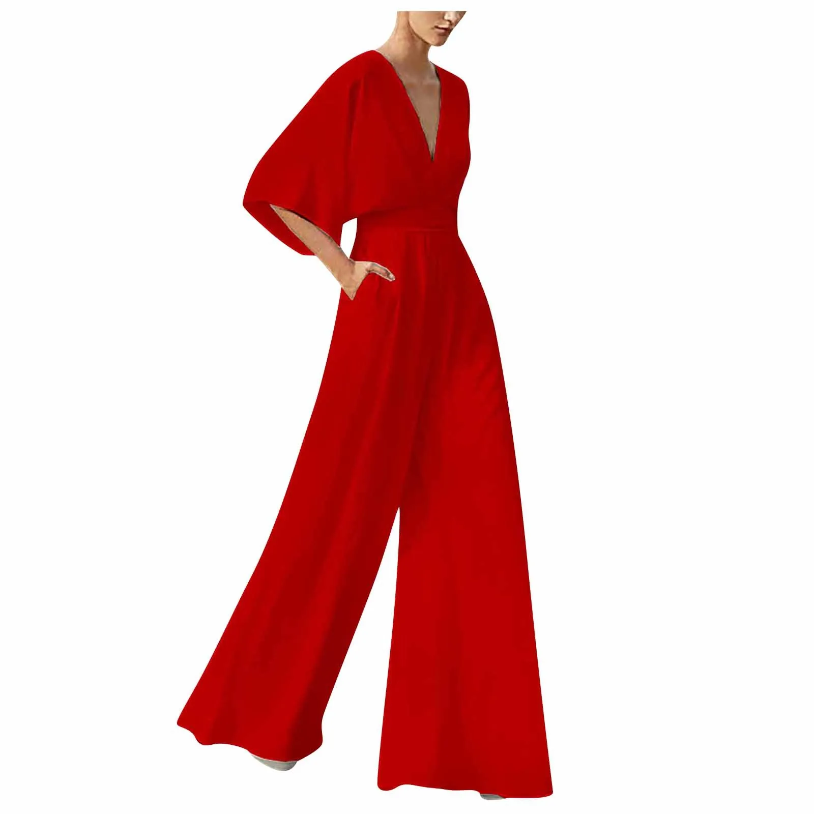 Women Banquet Dress Jumpsuits Elegant Fashion Trend Solid Color Sexy V-Neck Hight Waist Jumpsuits Thin Soft Comfortable Rompers