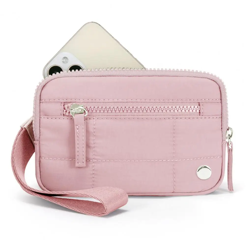 Fashionable Card Case Women’s Quilted Nylon Wristlet Wallet Portable Waterproof Wrist Pouch with 3 Zippered Compartments