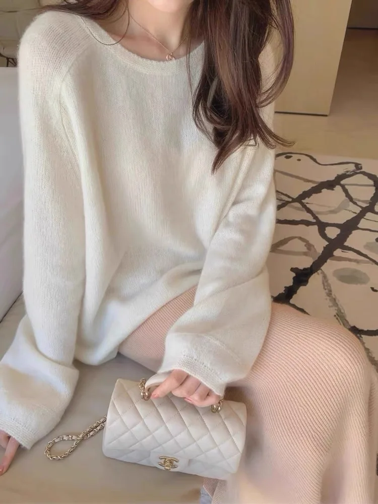 

100% Pure Wool Women's Sweater O-Neck Knitted Pullover Cashmere Long Sleeve Underlay Korean Fit Fashion Women's Top