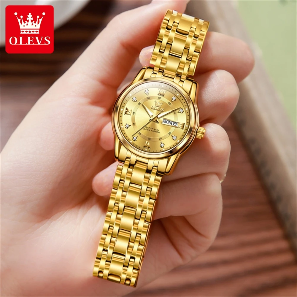 OLEVS Original Quartz Watch for Women Dual Calendar Diamond Luxury Fashion Stainless steel Waterproof Luminous Ladies Wristwatch