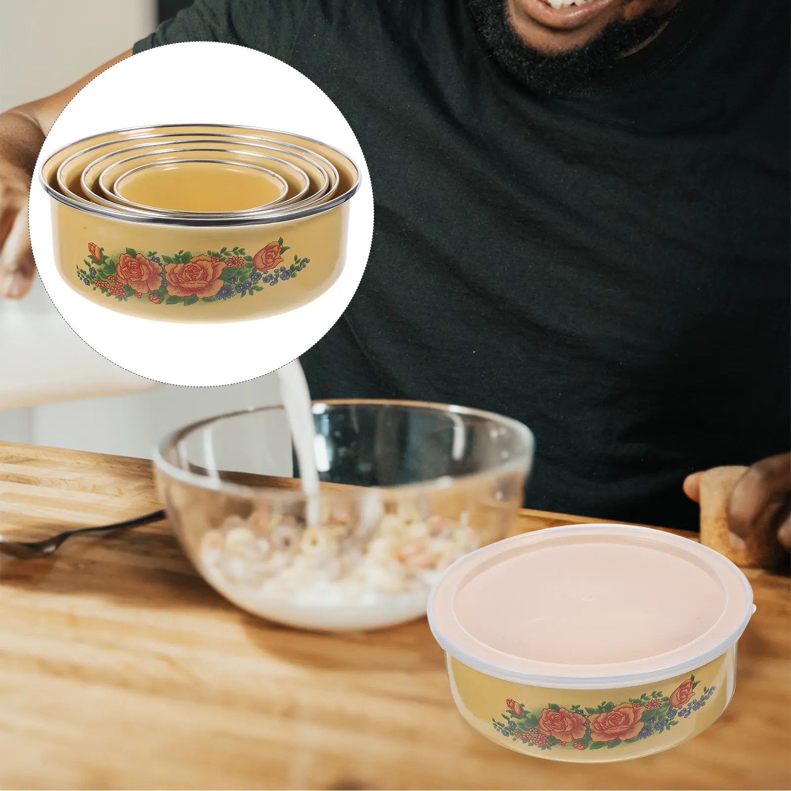 

Набор из 5 эмалированных контейнеров для хранения продуктов с крышками: для лапши быстрого приготовления, супов, салатов. Многоразовые кухонные миски для хранения.