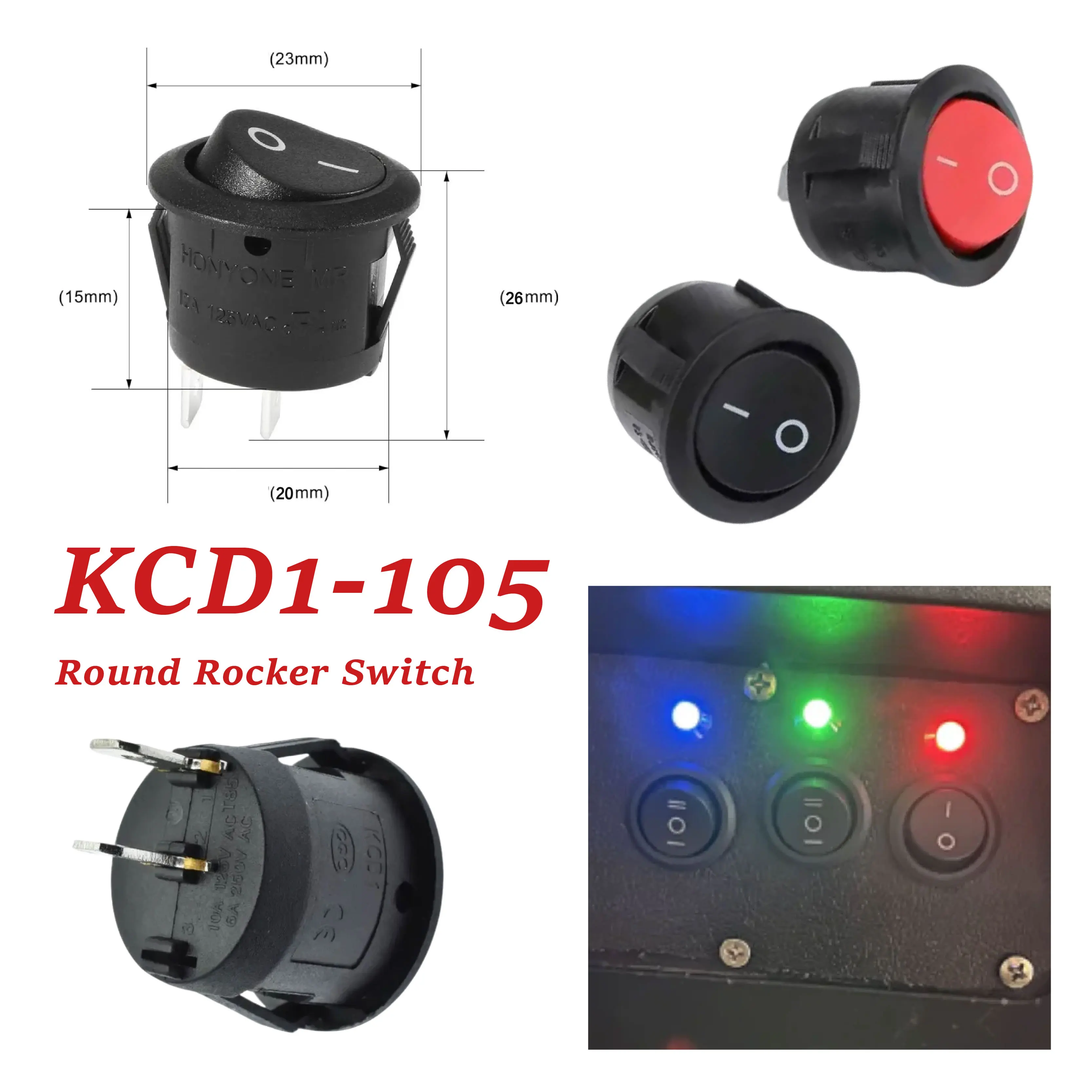 

KCD1-105 SPST ON-OFF Round Rocker Switch 2 Pin Snap-in Mount 250V/6A Black and Red
