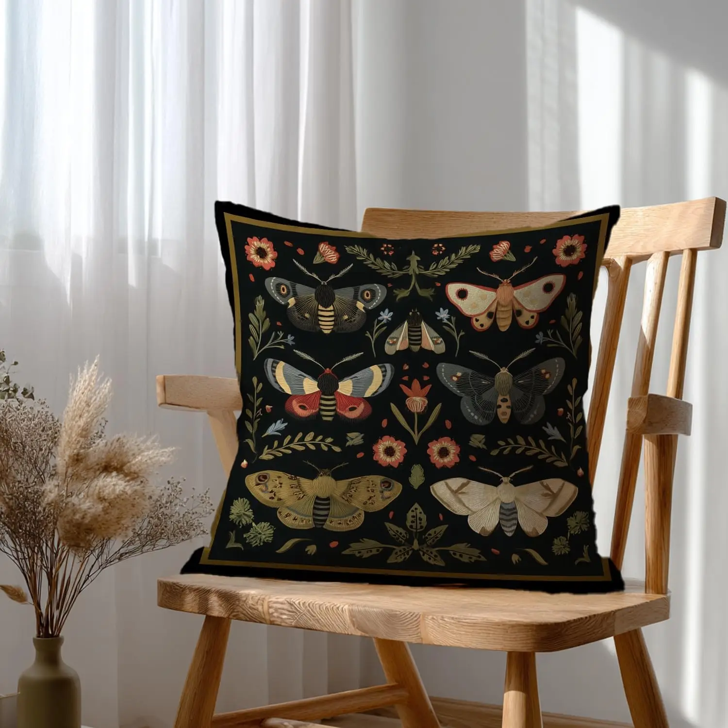 Vintage Butterfly Moth Pillowcase Black Botanical Print Cushion Cover Throw Pillow Boho Nursery Decor 45x45cm
