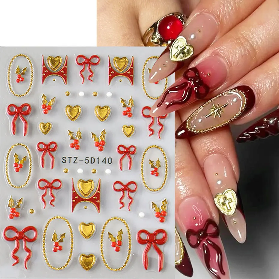 1/2 قطعة 5D لطيف تنقش Bowknot القلب المنزلق لمسمار Kawaii هولي ليف الذهبي الحب تصميم ملصق الفرنسية مانيكير اكسسوارات