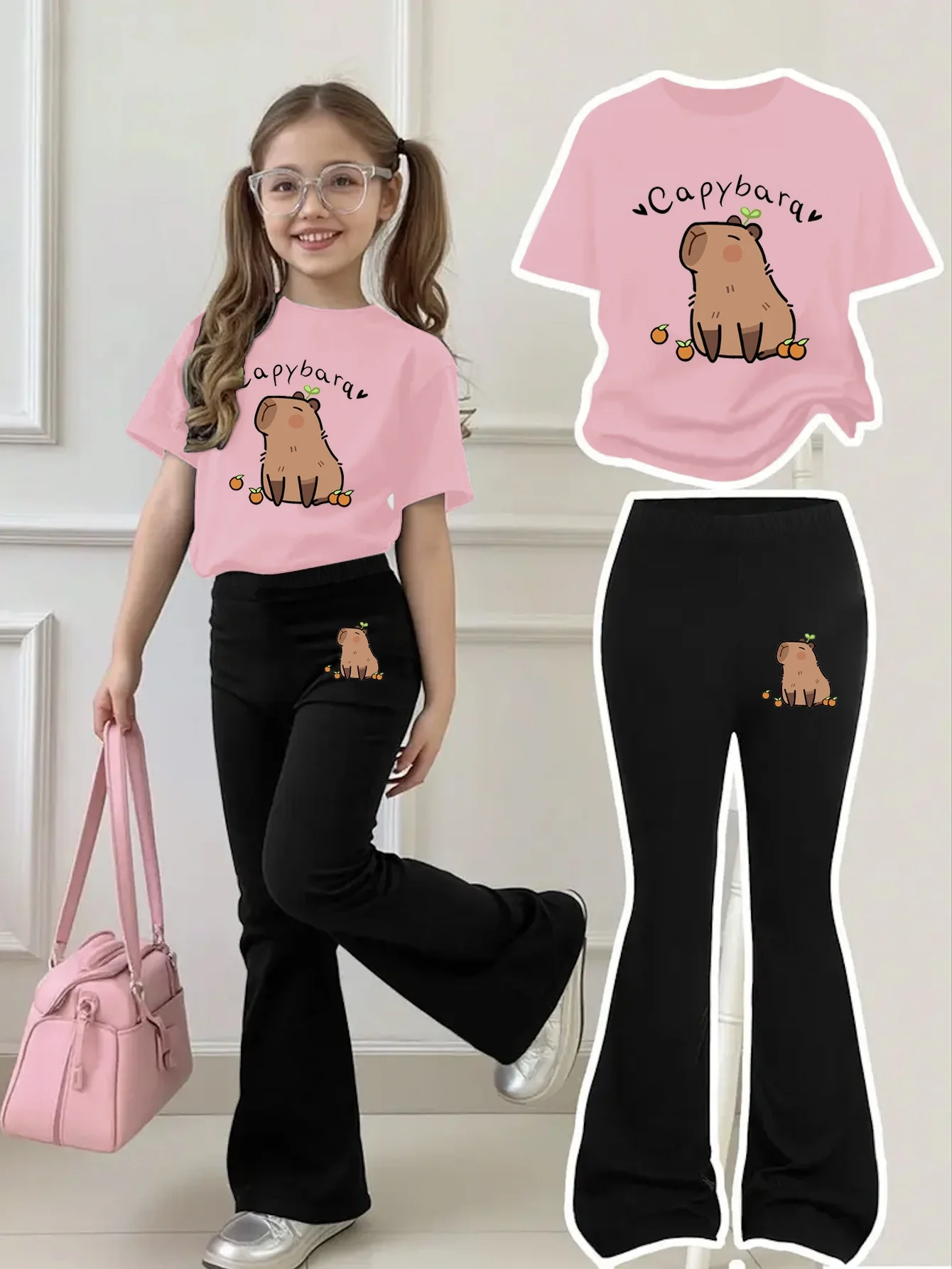 Conjunto con estampado de capibara para niñas de 4 a 12 años, camiseta rosa de manga corta con diseño de capibara de dibujos animados, adorable y divertido, decorado con pequeños naranjas alrededor, con la palabra "Capybara" escrita en inglés en la parte 