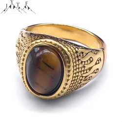 Vintage Tiger Eye Stone Men's Ring Stainless Steel Gold Plated Flame Male Finger Rings Jewelry Gifts for Boyfriend RRR534S05