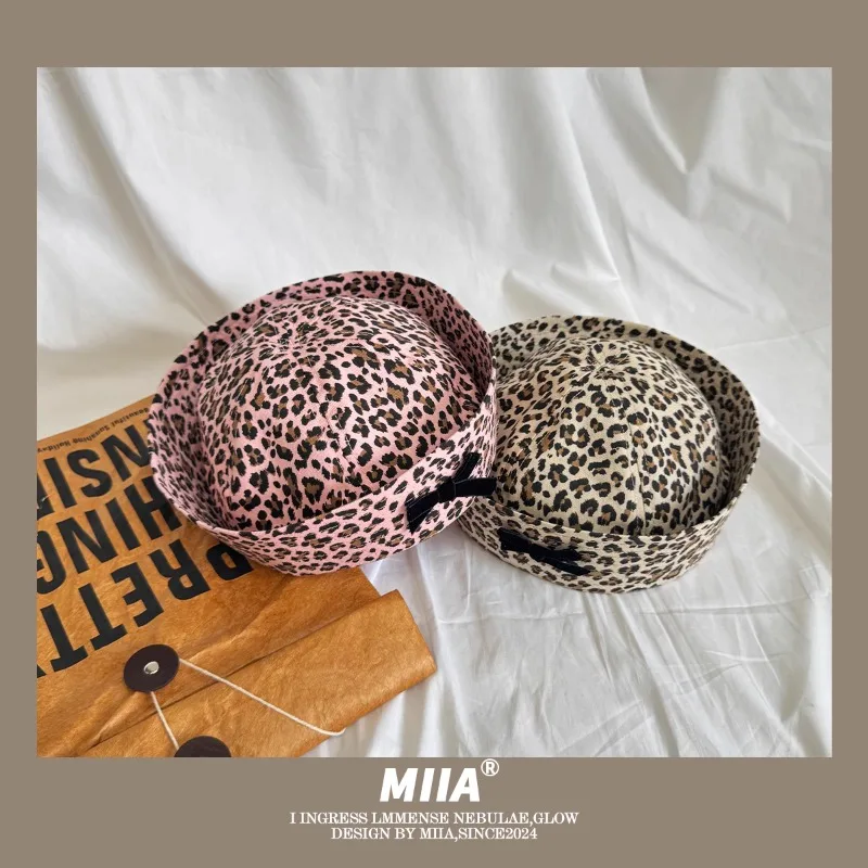 Y2k Niche Leopard Print Spice Girl Sailor Hats for Women Summer Autumn Thin Casual Versatile Retro Flipped Brim Berets Cap