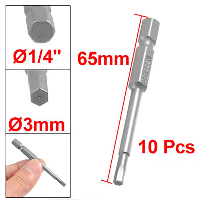 10pcs 65mm Long Hexagon Hex Screwdriver Bits 3mm Hex Bit Magnetic Tip 1/4\