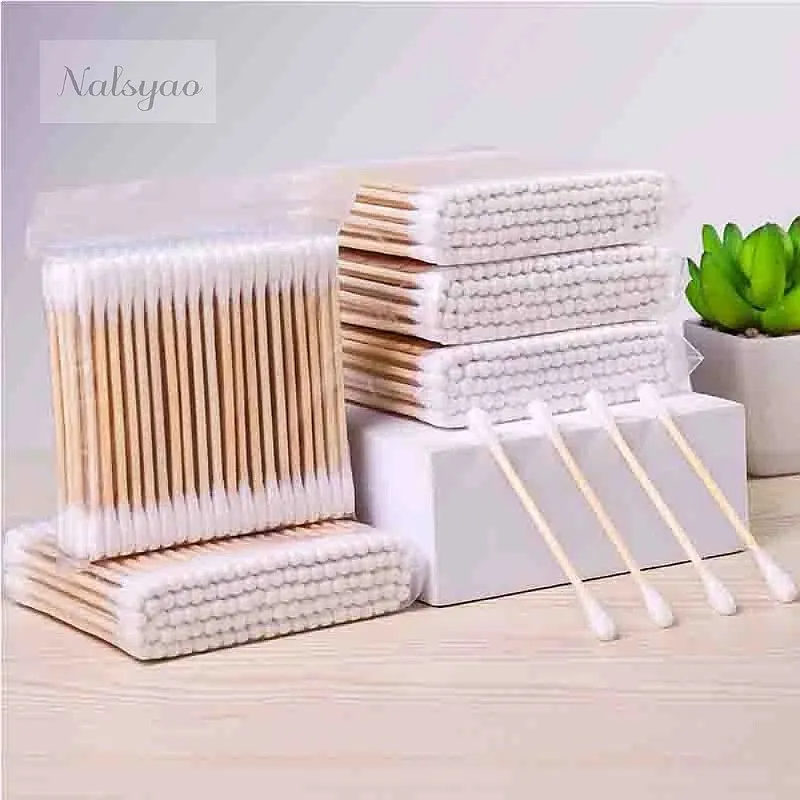 100Pcs Wooden Cotton Swabs Double Tipped Cotton Buds Chlorine Free Hypoallergenic Makeup Tools