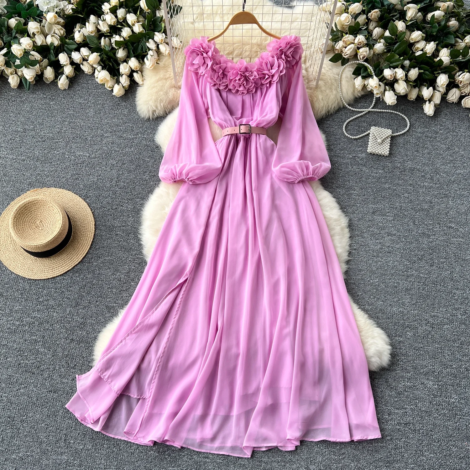 Clothland Women Elegant Flower Midi Dress Ruffle Patchwork Long Sleeve Elastic Waist Belt One Piece Dresses QD608