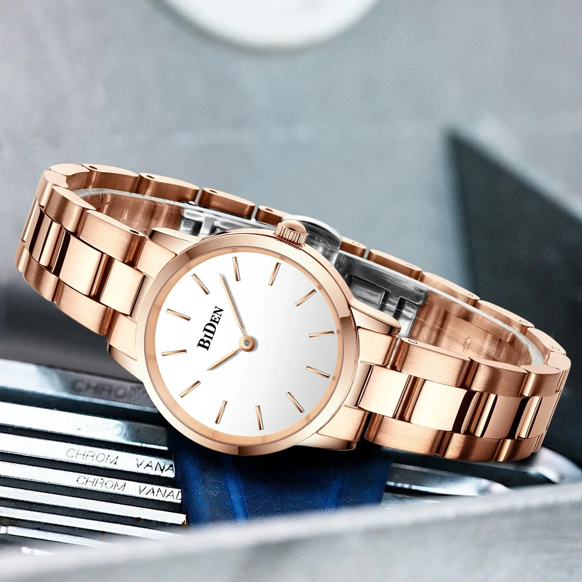 ساعة بيدن للرجال بمينا كبير باللون الذهبي الوردي - أحدث حجر كوارتز إبداعي، وحزام فولاذي صلب