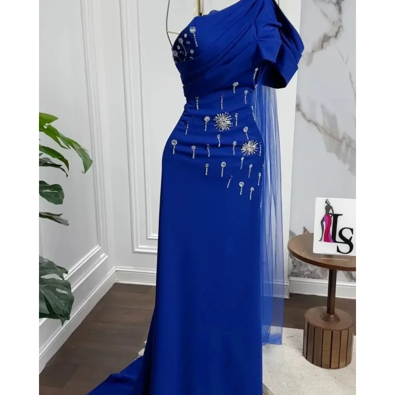 Indie Saudi One Shoulder Prom Gown Women Beaded Blue Party Evening Dress Floor Length Formal Occasion Dresses 2025 Customized