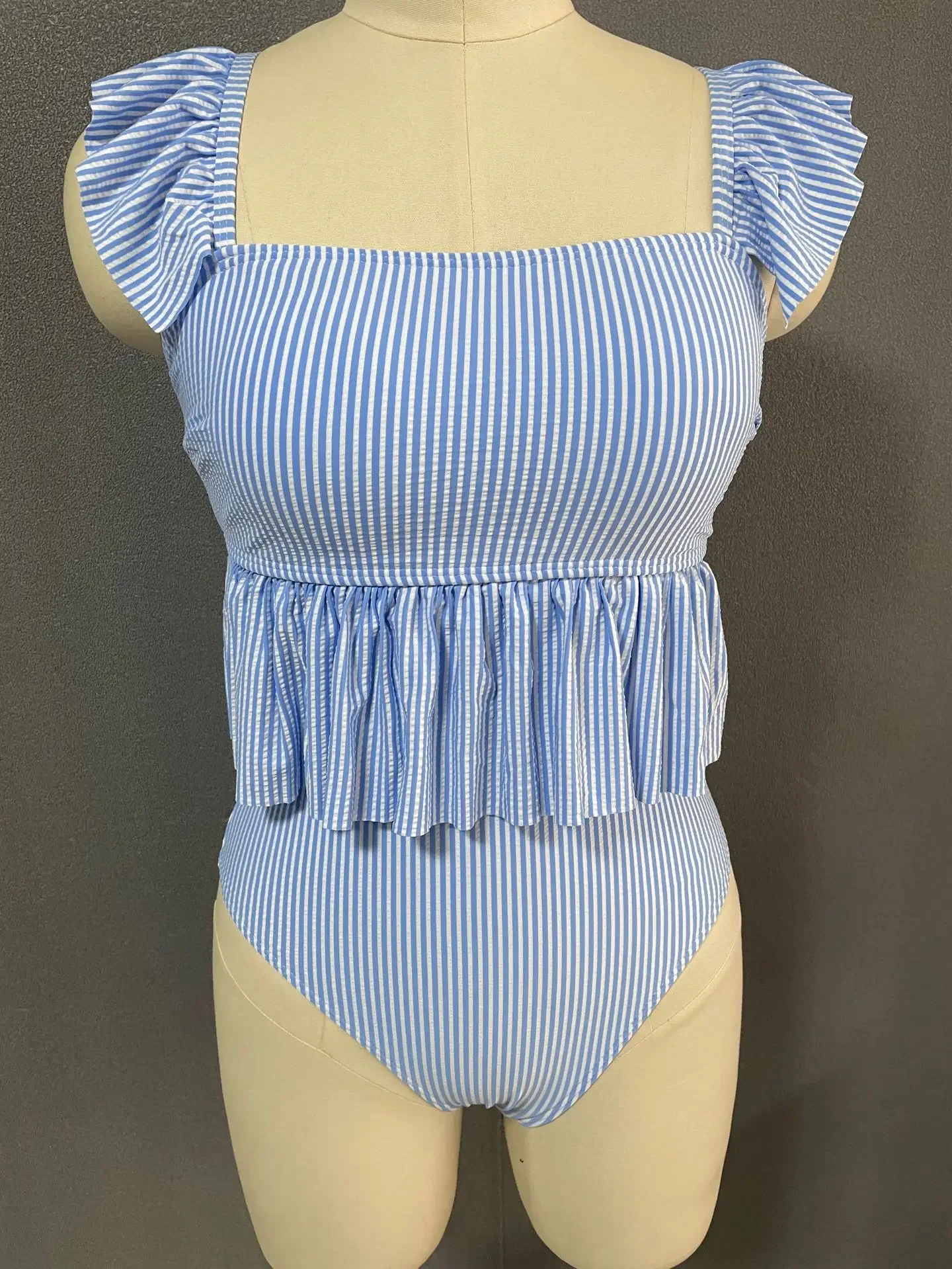 Traje de baño Sexy a rayas azules, Bikini Bandeau 2025, traje de baño de cintura alta para Mujer, conjunto de Bikinis brasileños, Bikini con volantes para Mujer