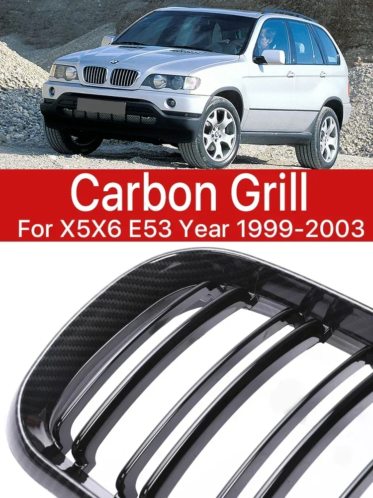 

New! Lower Front Upper Bumper Kindey Racing Grills Double Slat Carbon Fiber Facelift Grille Cover For BMW X5 E53 1999-2003
